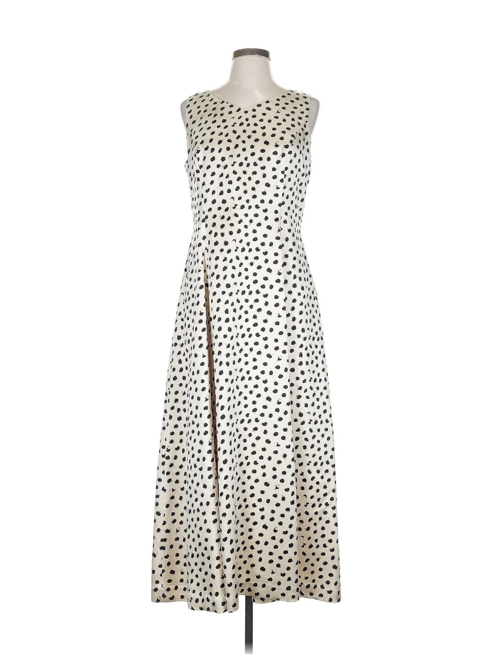 J Peterman Elegant Sleeveless Cream/
light tan  100%  Silk Polka Dot Midi  Dress